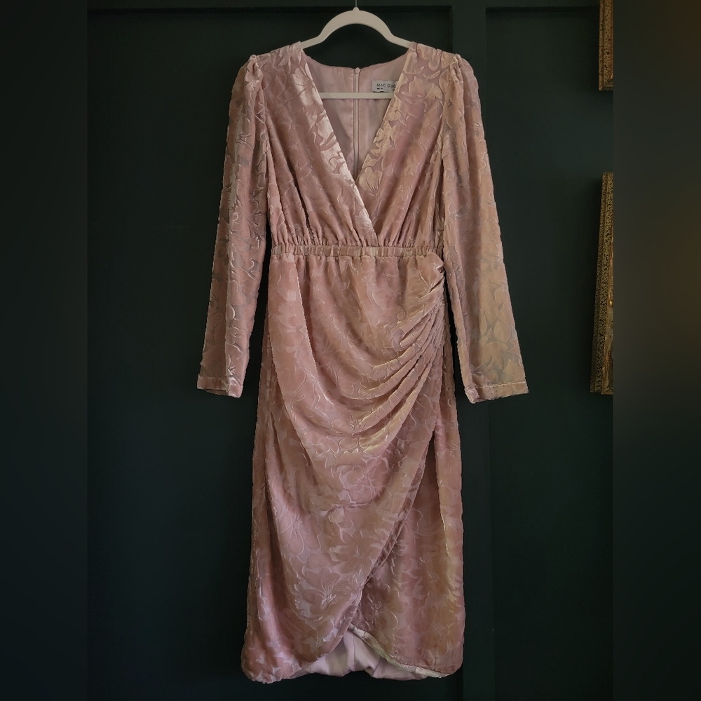 Mac Duggal 81130 Pink Blush Velvet Surplice Faux Wrap High Low Midi Dress‎ XS